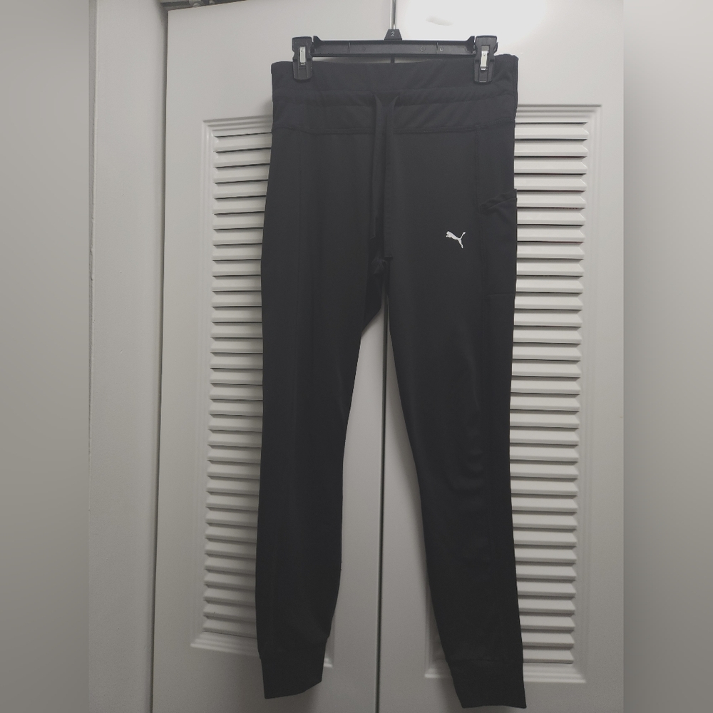 Puma Black Jogger Pants Size M Tie Waist Athletic Logo Seam Flaw